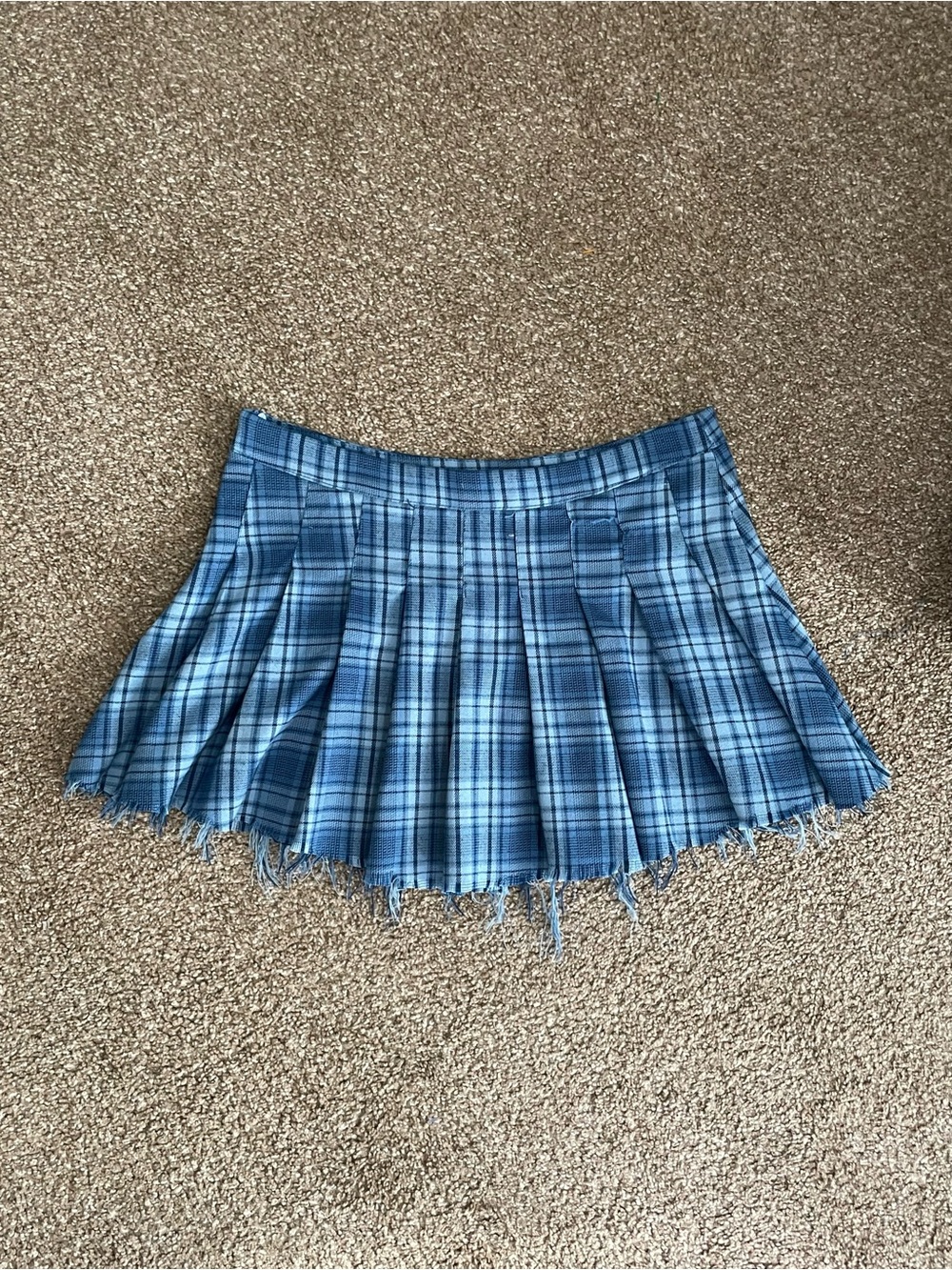 Handmade Vintage Women's Blue Plaid Pleated Mini Skirt With Raw Hem Size 30